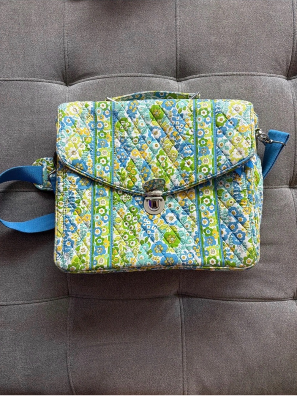 Quilted Floral Laptop Crossbody Bag in Blue & Green